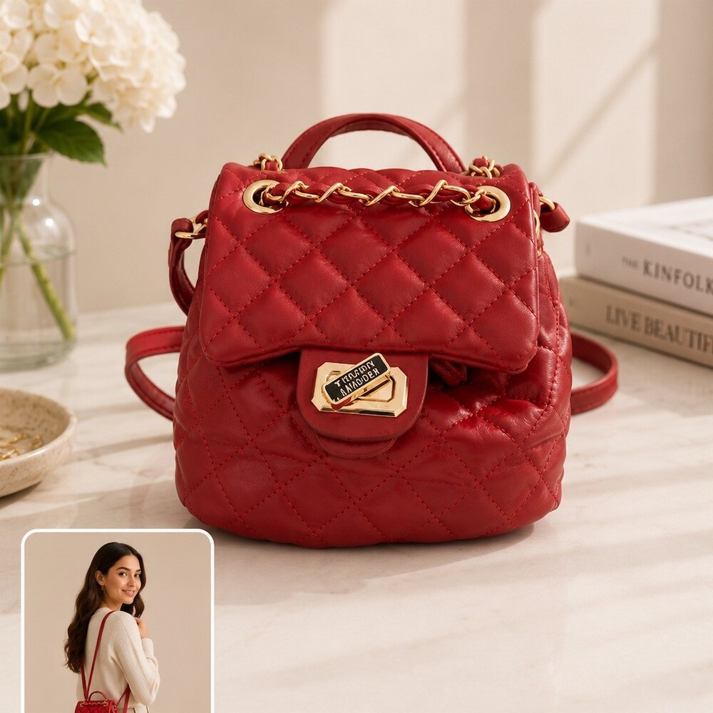 $99 Badgley Mischka Micro Mini Quilted Backpack Red Gold Chain Drawstring Flap